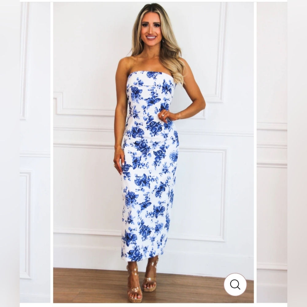 Floral Blue and White Strapless Dress